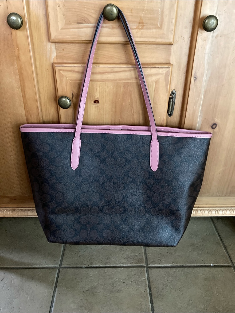 Coach Brown Signature Tote with Pink Trim and Straps - Picture 5 of 7